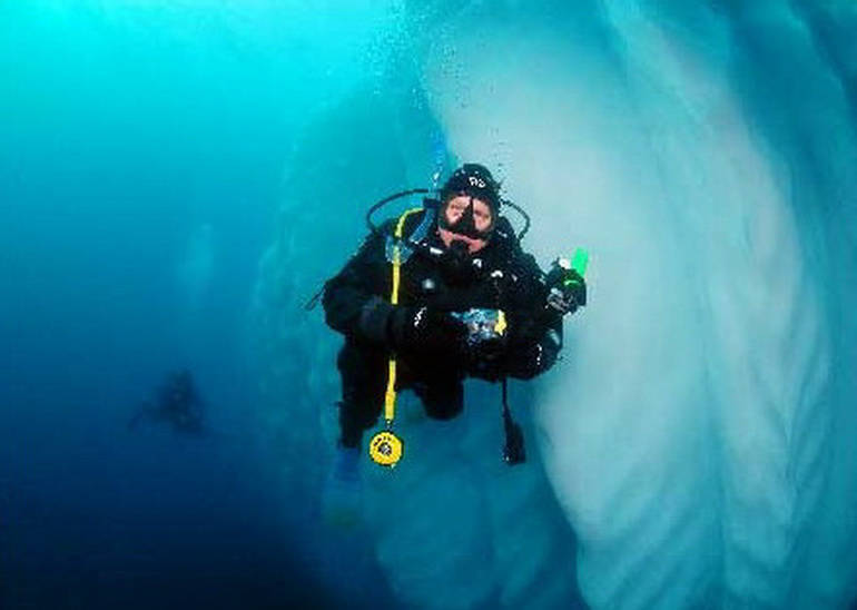 un plongeur palme sous l'eau le long d'un iceberg