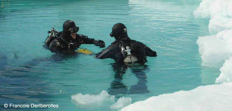 2 plongeurs sous marin font surface en Antarctique