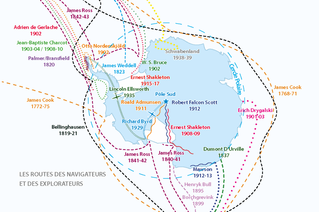 carte historique des routes de explorateurs en Antarctique