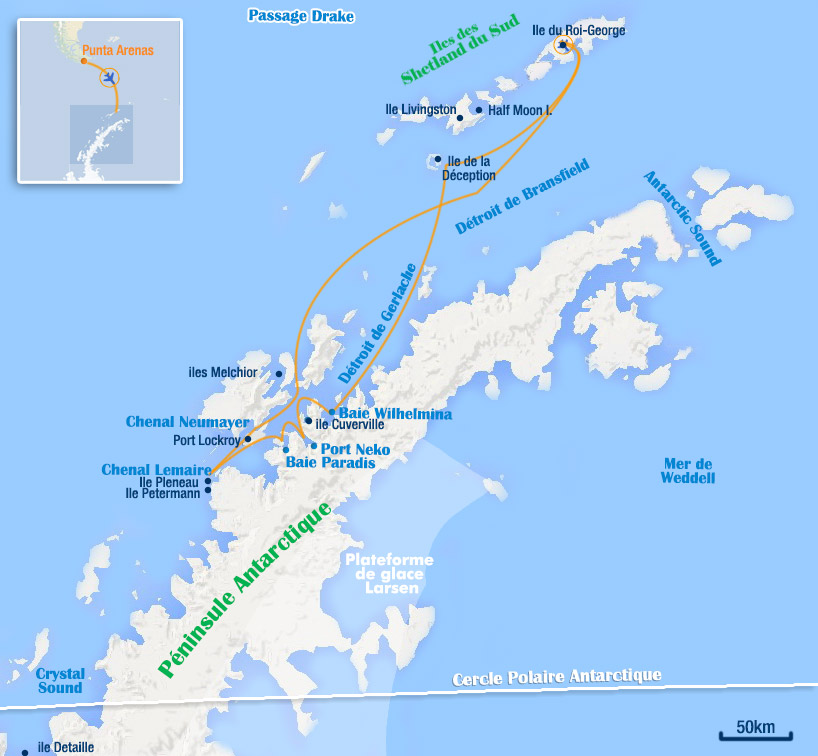 carte de l'aéro-croisière en antarctique