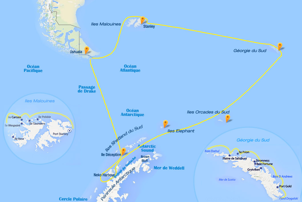 carte de la croisières du Sea Spirit de 21 jours