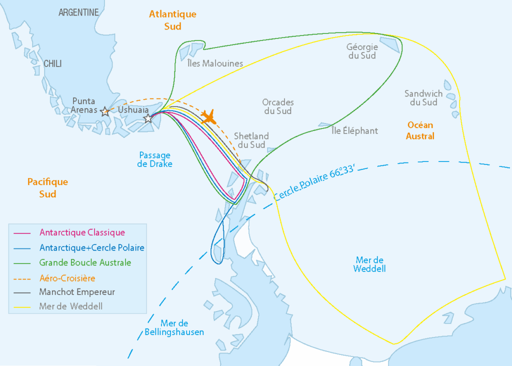 Carte des itinéraires de croisière en Antarctique : péninsule, cercle polaire, Géorgie du Sud, Malouines — routes maritimes et escales principales