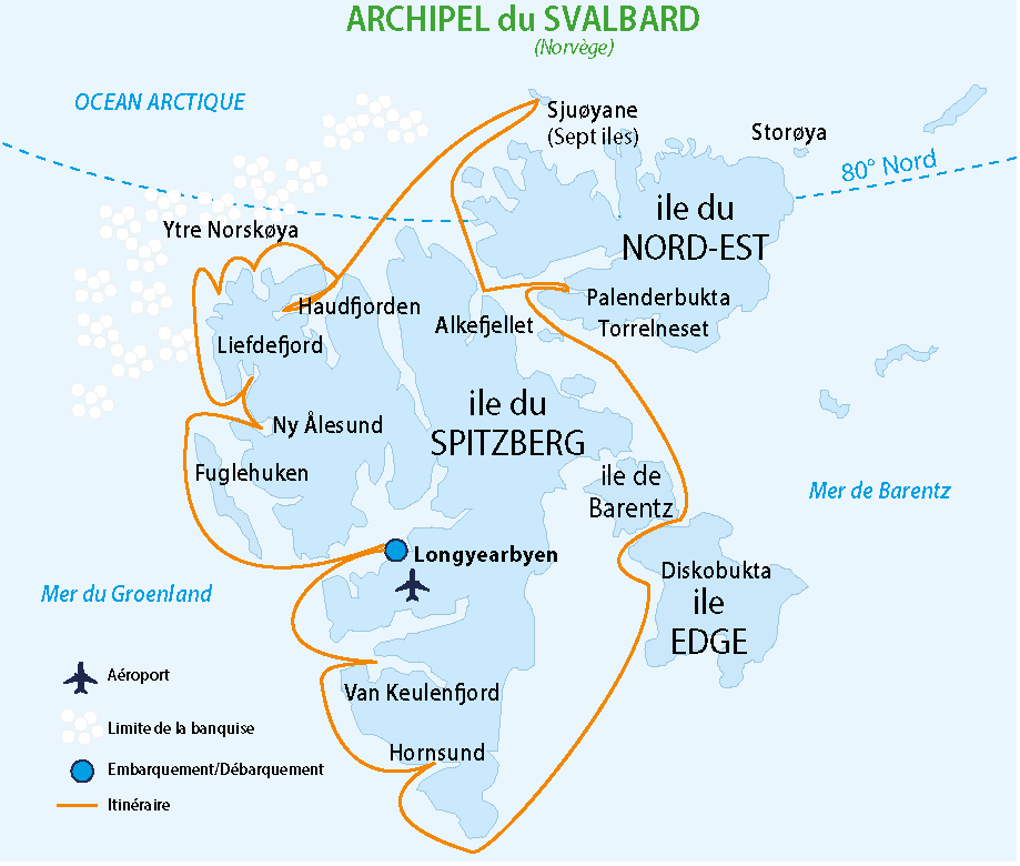 Carte de l'itiénraire de la croisière autour du Spitzberg