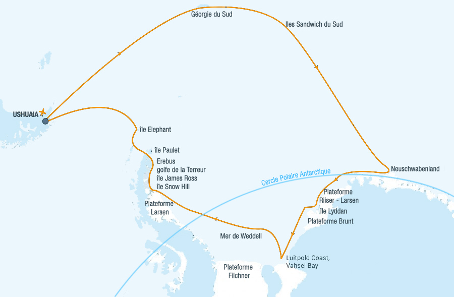 carte de la croisière en mer de weddell schakelton